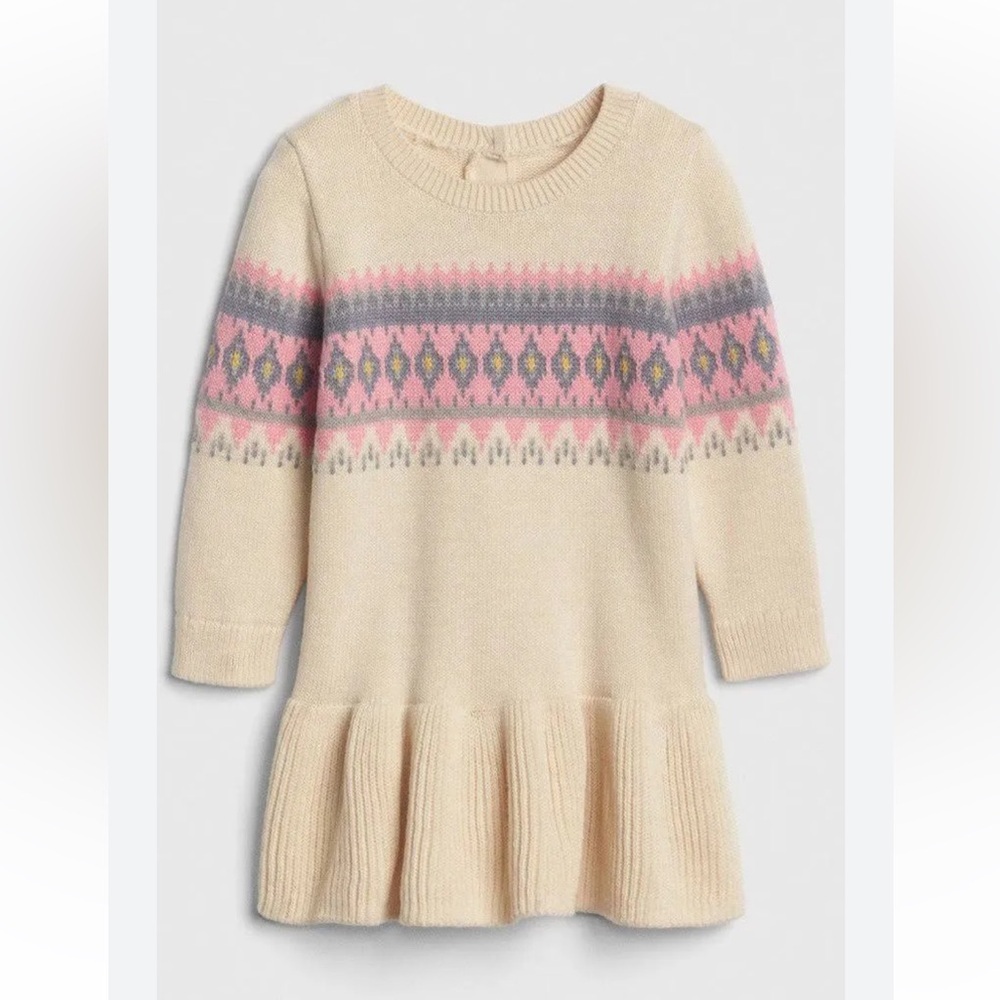 Baby GAP Fair Isle Knitted Sweater Dress Cream & Pink Patterned Size 12-18 Month
